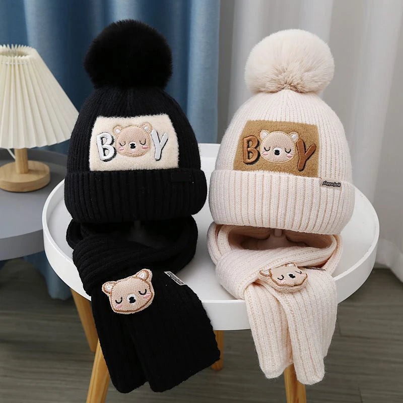 Inverno crianças cachecol gorro conjunto 1-6year bebê grosso lã malha chapéu bonito dos desenhos animados crianças proteção de orelha boné da criança neckerchiefs