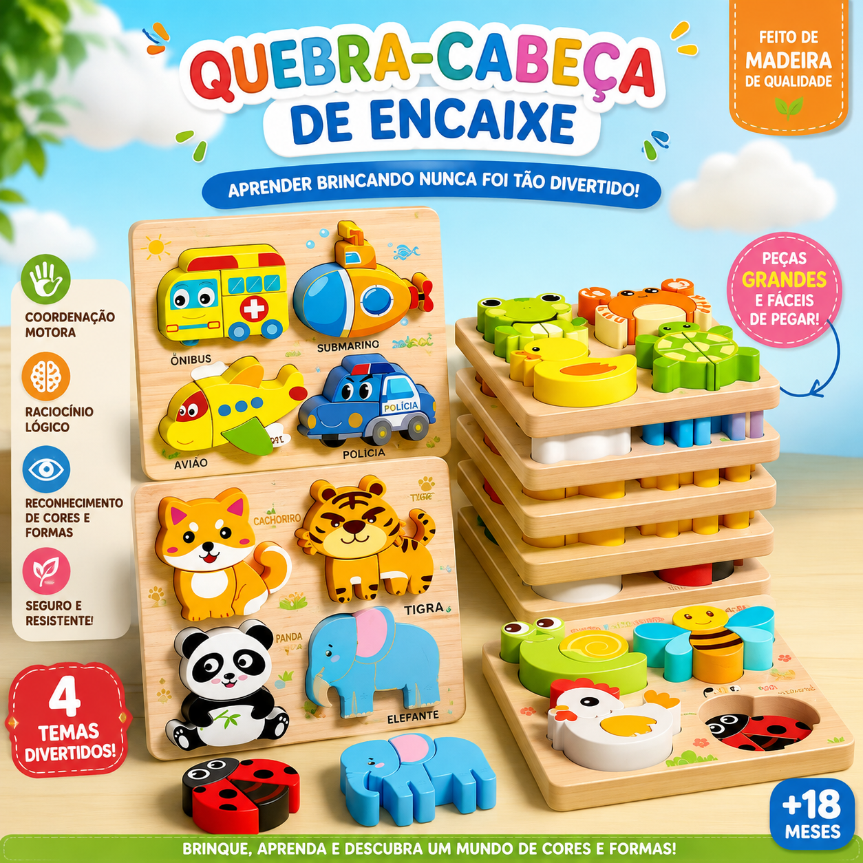 Quebra-Cabeça 3D Montessori de Madeira para Crianças