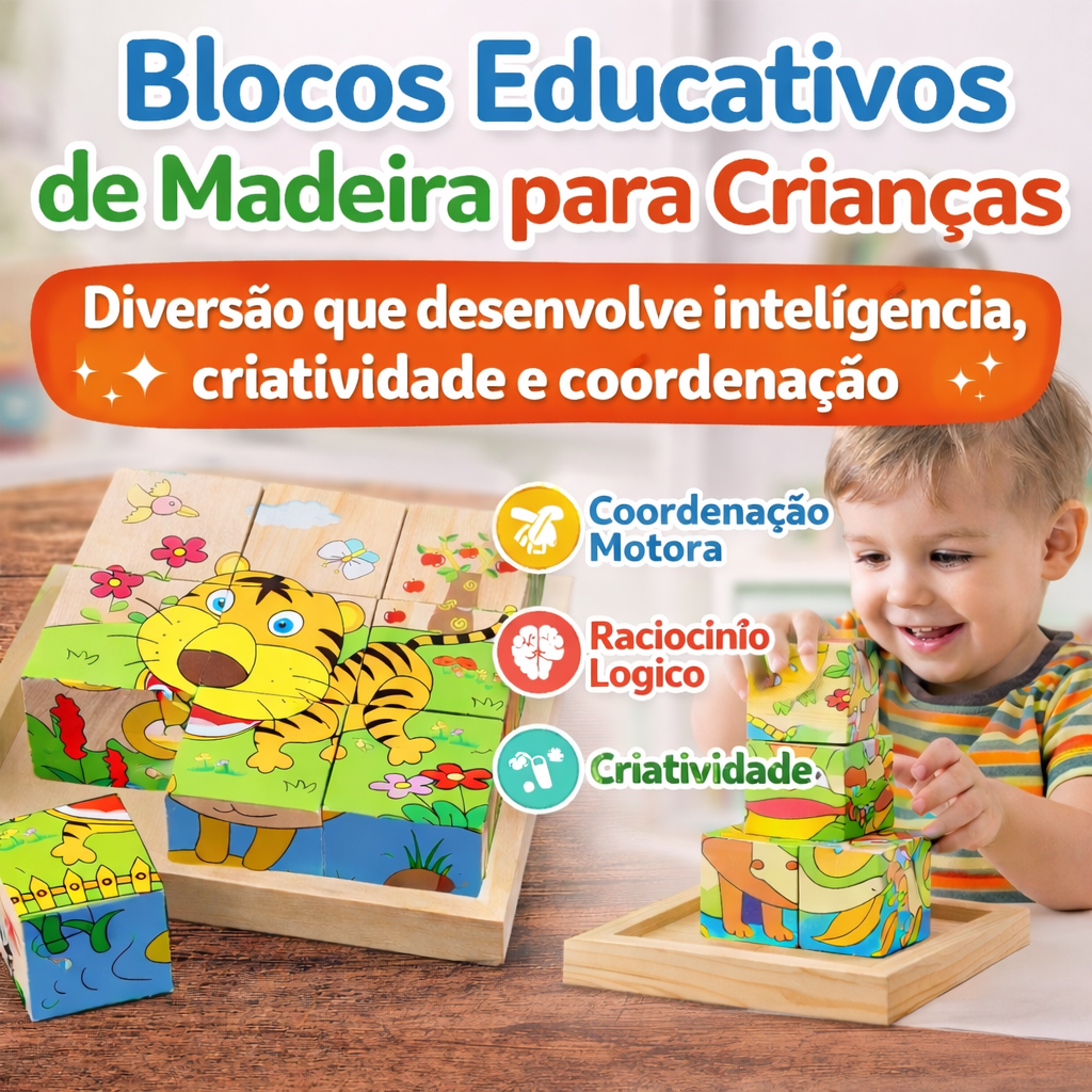 Blocos Educativos de Madeira para Crianças - Aprendizagem Divertida