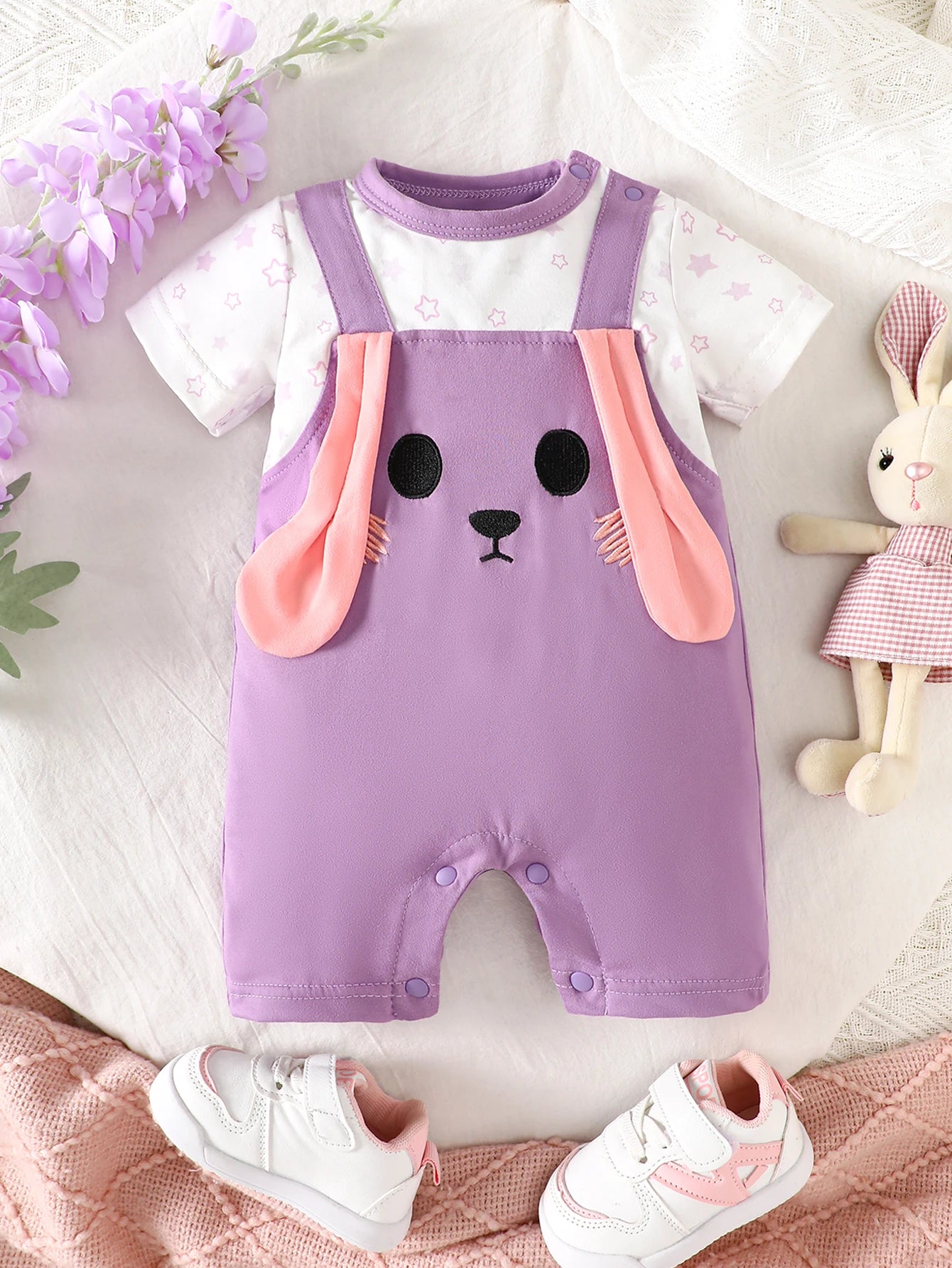 IURNXB Macacão de verão para meninas, com desenho de coelho de orelhas longas, fofo, para recém-nascidos, roupa de manga curta, 1-18 meses