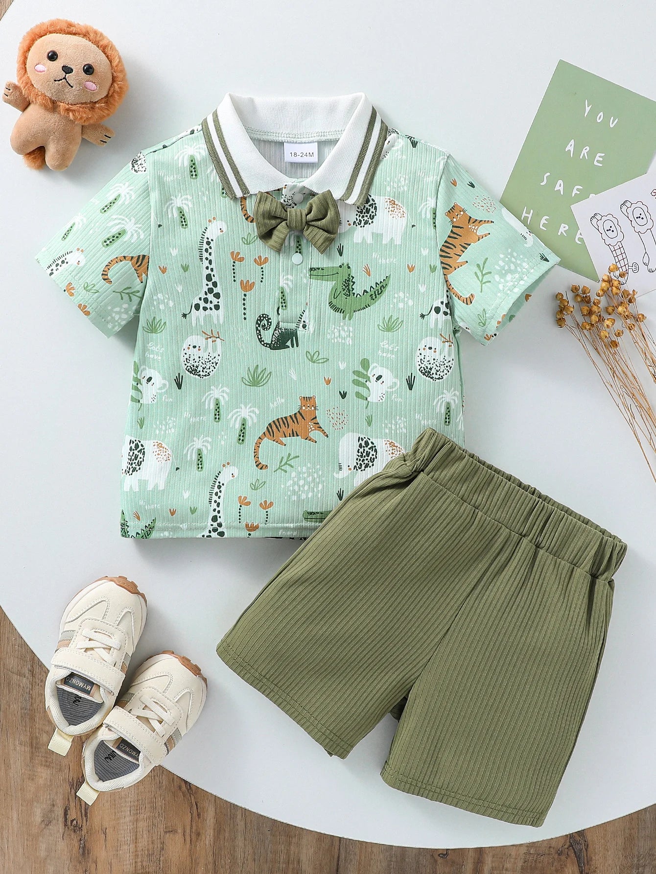 2 pçs crianças meninos conjuntos para o verão manga curta com arco camiseta bonito animal impresso terno de cavalheiro For1-6Y crianças roupas