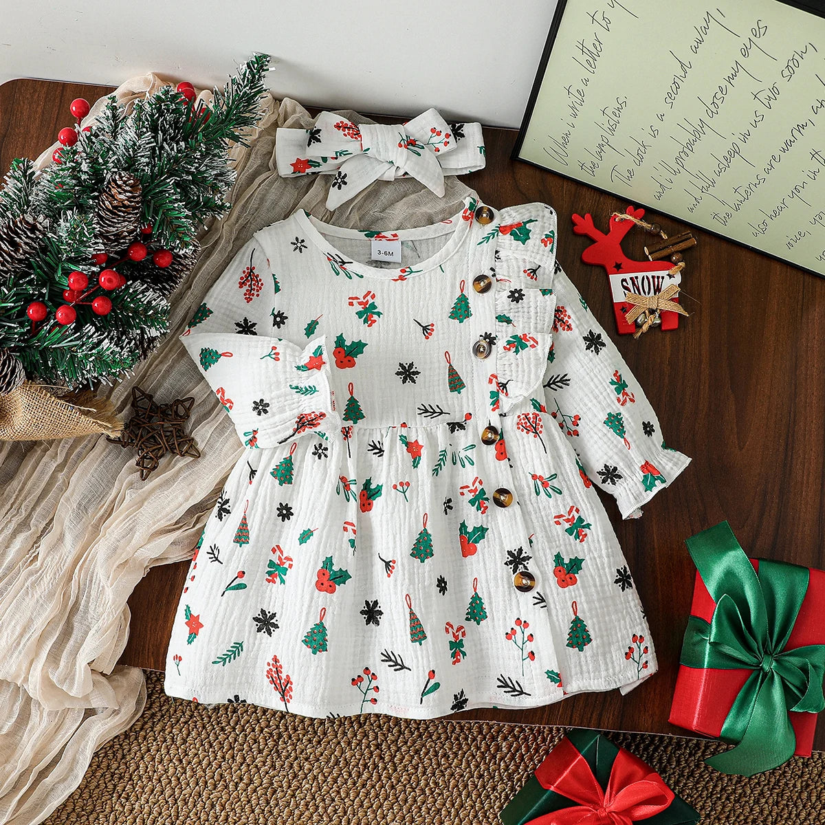 2 pçs bebê meninas outono venda quente vestido impressão árvore de natal rosa manga longa vestidos na altura do joelho com botão algodão macio 1-3y + bandana