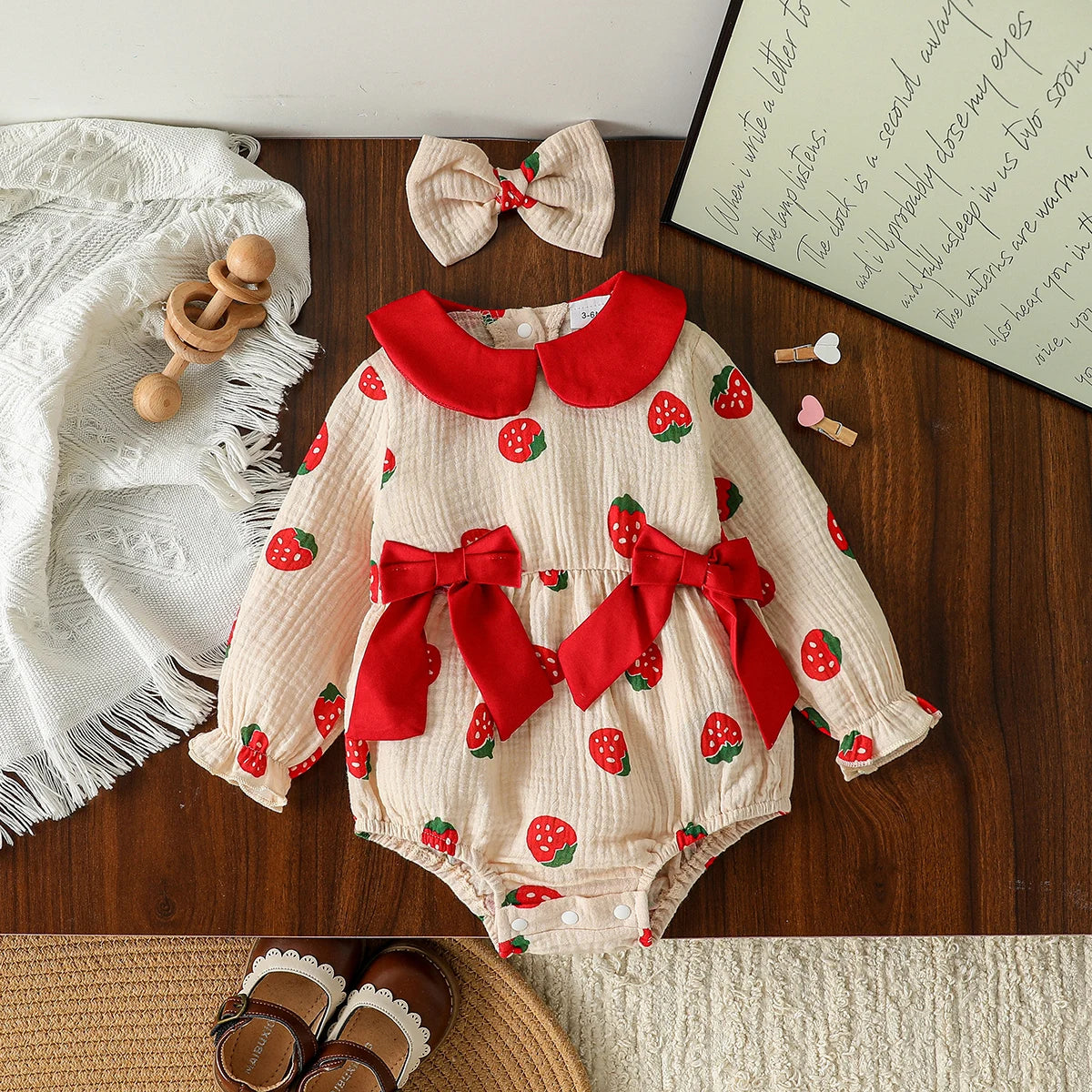 2 pçs 0-18m adorável bebê meninas algodão macio outono macacão roupa morango impressão gola boneca manga longa macacão com arco + bandana