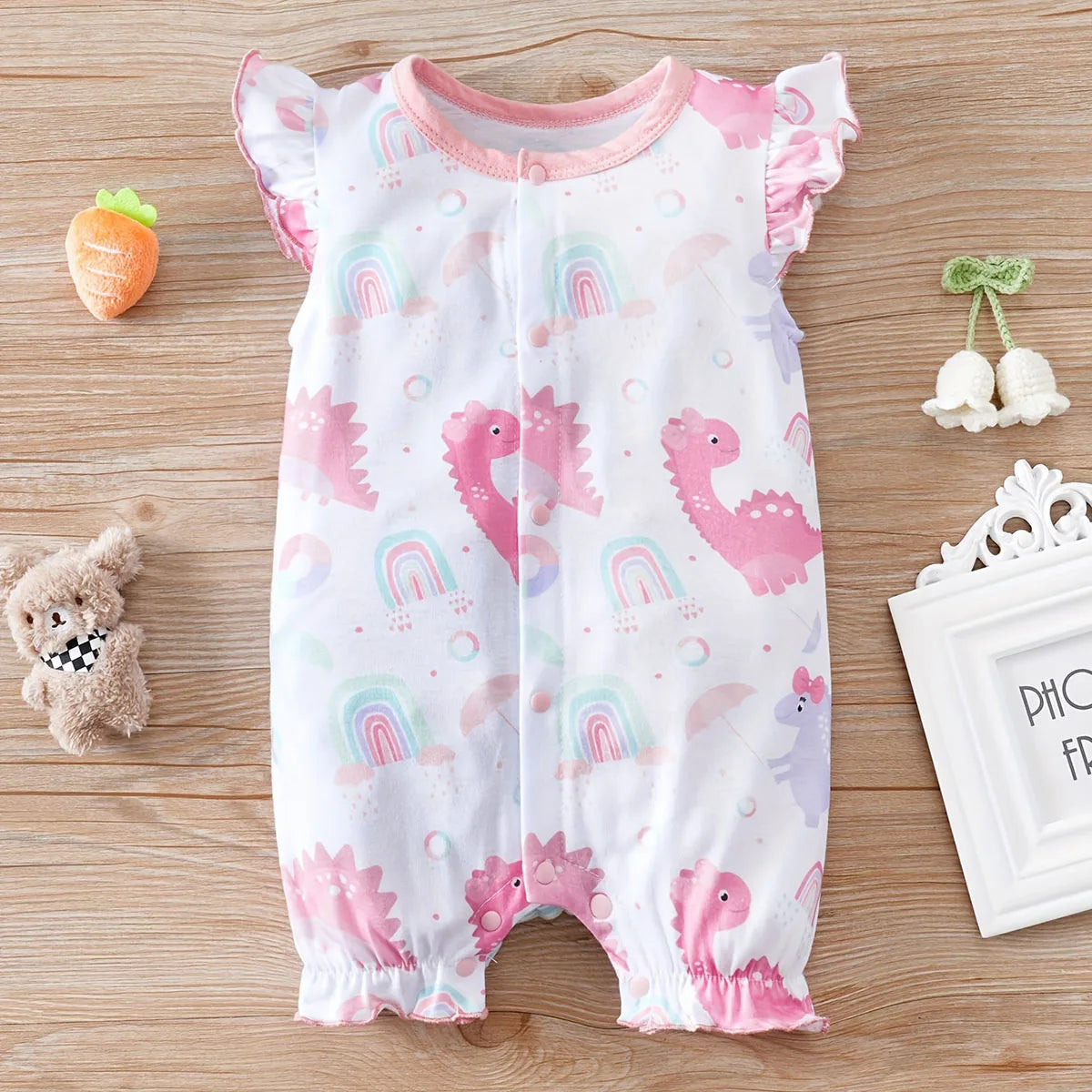 IURNXB-adorável dinossauro impressão bebê romper, bodysuit infantil para meninas, manga recém-nascida, snap Onesie, desgaste casual, 0-12m