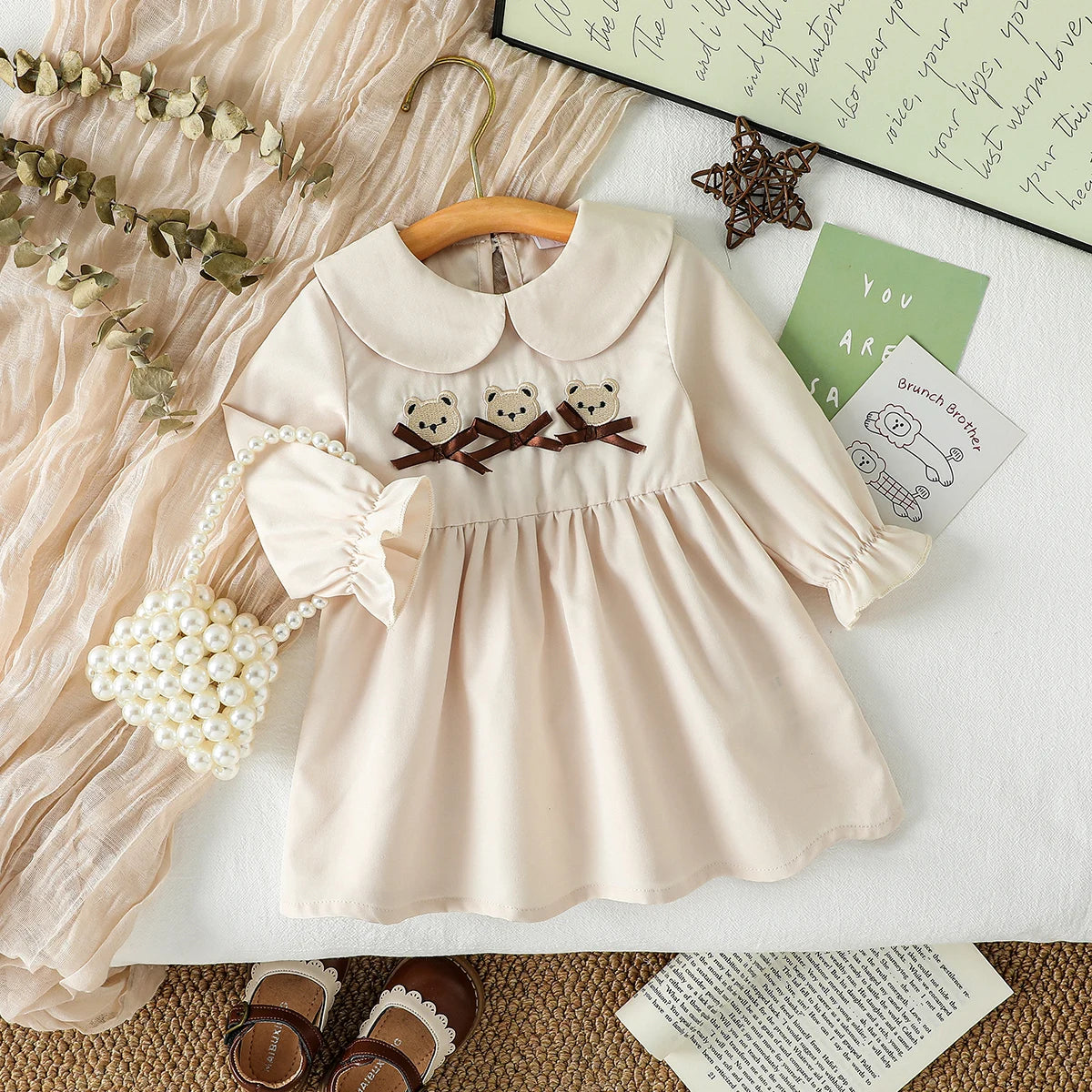 Vestido de urso de manga comprida para meninas com laço para primavera outono vestido de pescoço de boneca 3-24 meses vestidos de moda casual