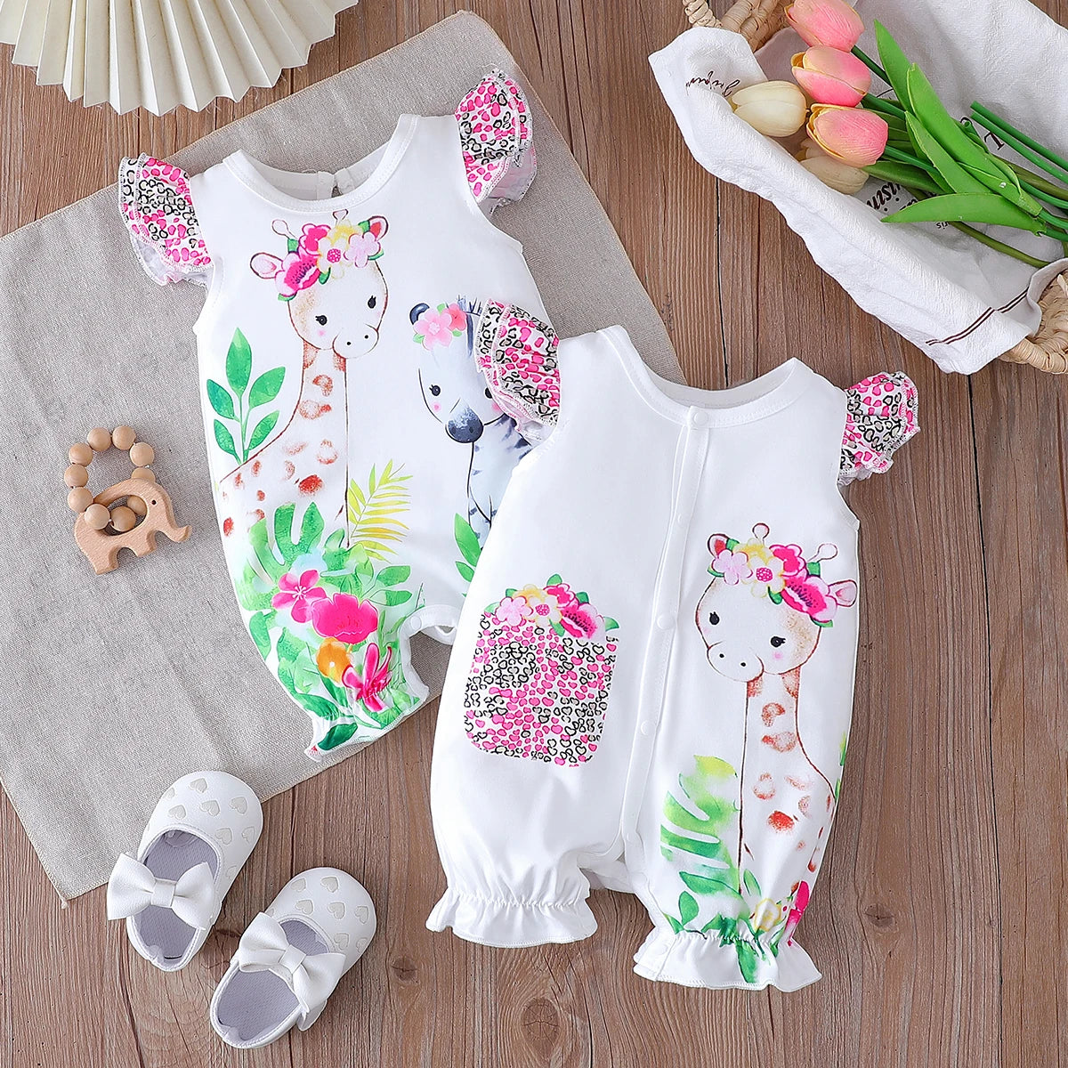 2025 verão novo bebê dos desenhos animados impressão animal cor pura casual versátil macacão conjunto de duas peças