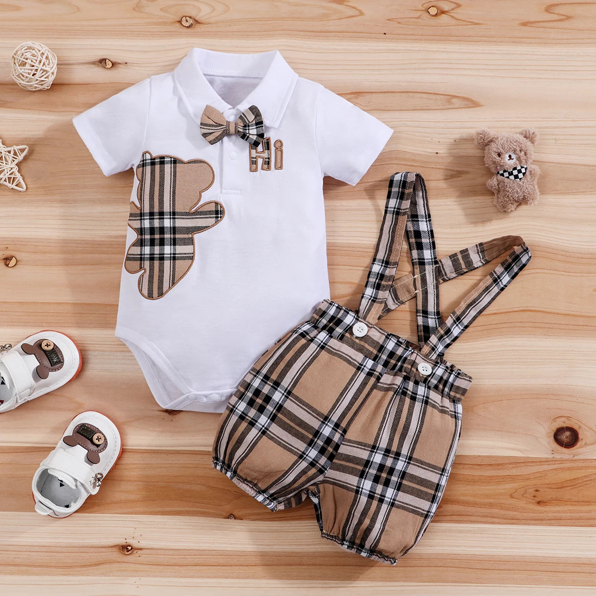Conjunto de roupas de bebê murnxb, 2 peças, manga curta, meninos, infantil, xadrez, urso, body + suspensórios, calças, conjunto geral, roupas para recém-nascidos de 1 a 18 meses